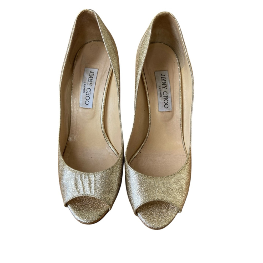 Women's Jimmy Choo Gold metallic Glitter Baden Peep Toe Wedge  pump Size 38